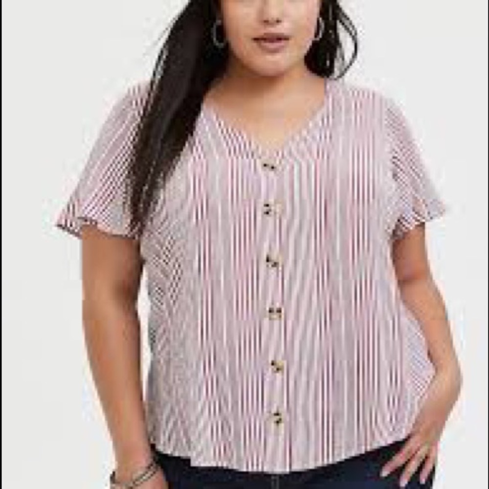 Torrid Red Wine White Ivory Stripe Button Midi Shirt Top Blouse